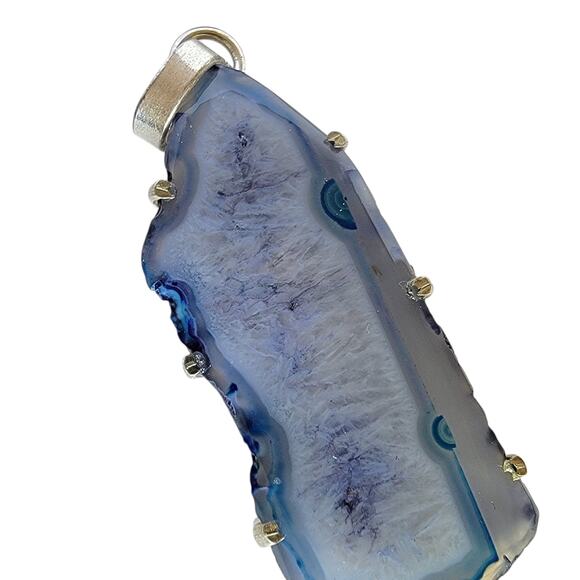 Blue Agate Slice Pendant – Sterling Silver Handmade 3" Crystal Necklace - Picture 3 of 12